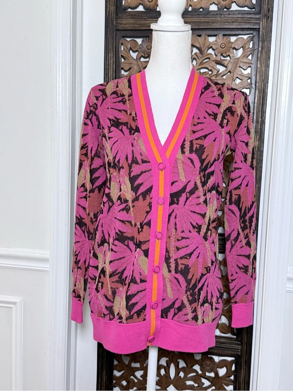J. Crew Palm Print Boyfriend Cardigan Sweater XXS Pink Tropical Cotton Blend